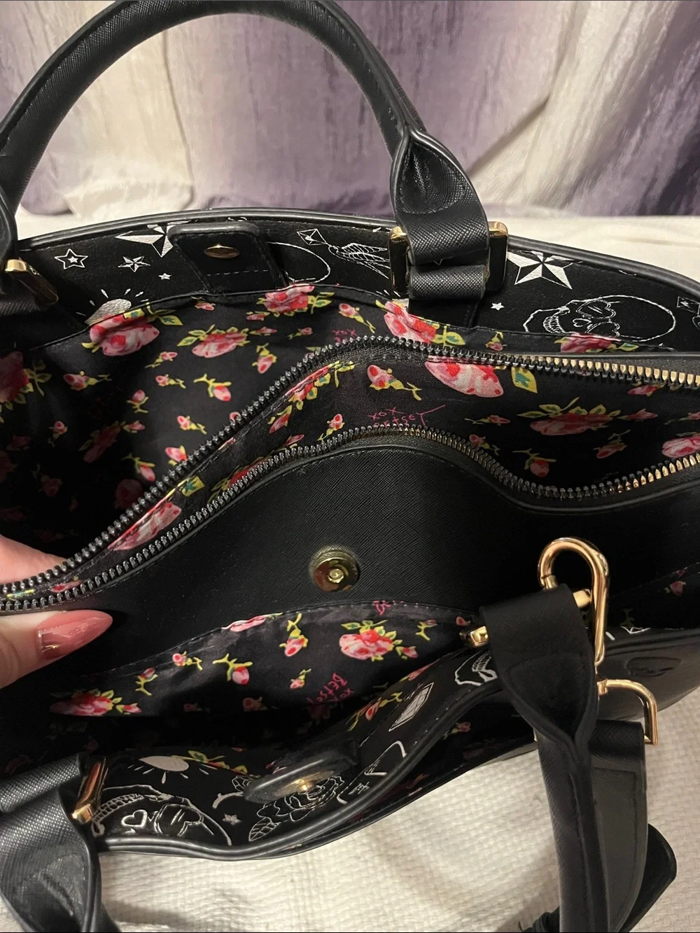 Betsey Johnson Black Satchel with Embossed Skull Pattern